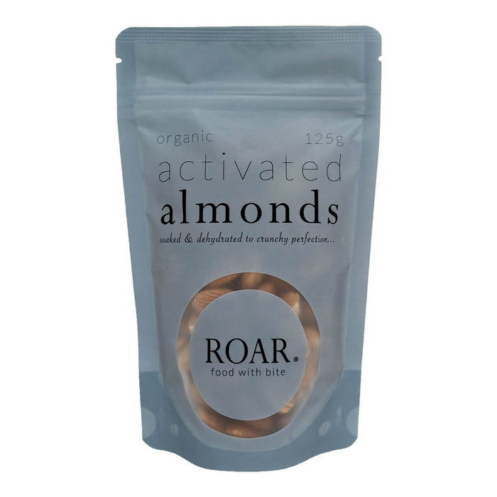 Package of organic activated almonds by ROAR on a white background