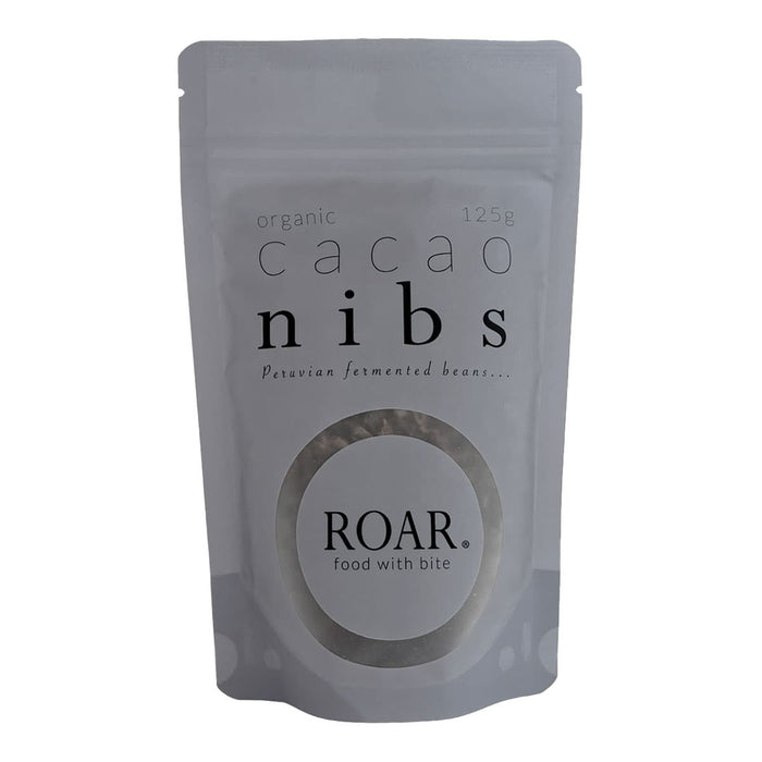 Package of organic cacao nibs by ROAR on a white background.