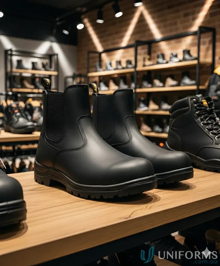 Outback Elastic Sided Safety Boot for workwear and uniforms with black leather and lug soles
