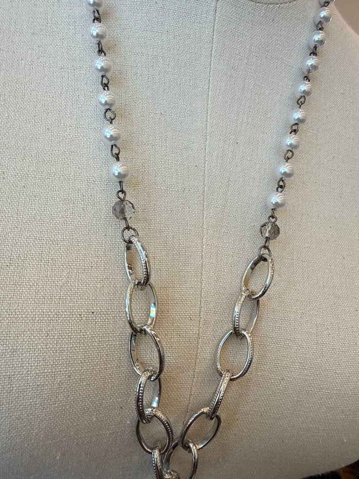 Silver-tone link chain necklace with small round pearl beads, front view