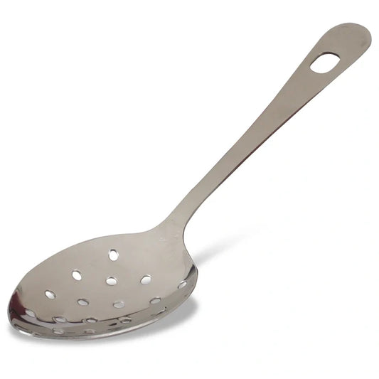 Silver Perforated Spoon measuring 9.5 inches on white silo background.