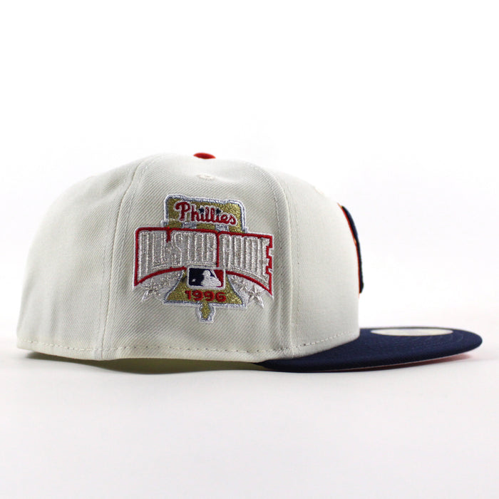 Philadelphia Phillies 1996 All Star Game 59Fifty New Era Fitted Hat (Chrome White Oceanside Blue Pink Under Brim)