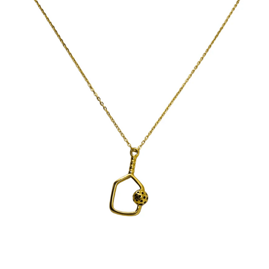 Pickleball Gold Necklace | Love You More featuring a delicate gold chain and a pendant shaped like a pickleball paddle with a textured ball, symbolizing affection and sport.