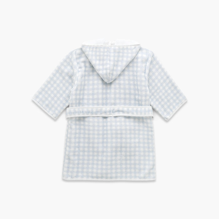 Light blue gingham patterned children's hooded bathrobe on a white background
