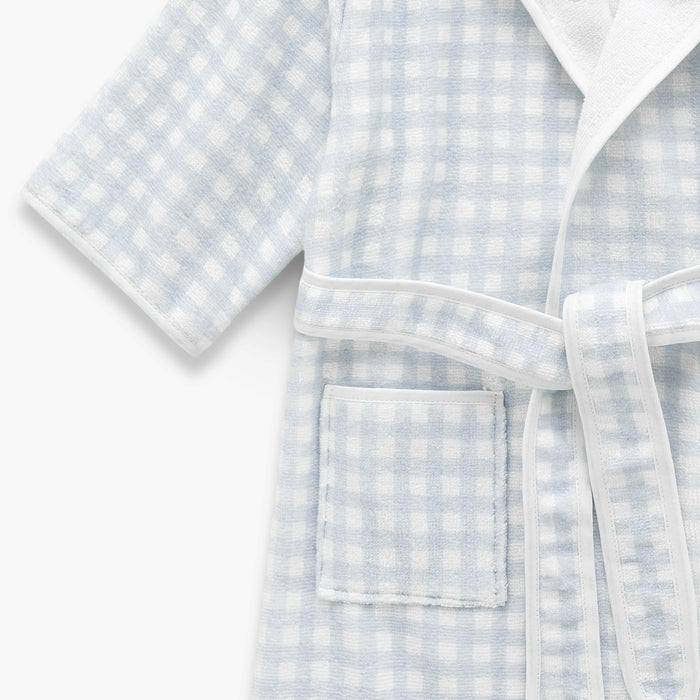 Light blue and white checkered robe with a pocket on a white background