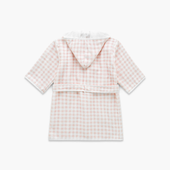 Pink gingham-patterned baby hooded bathrobe on a white background