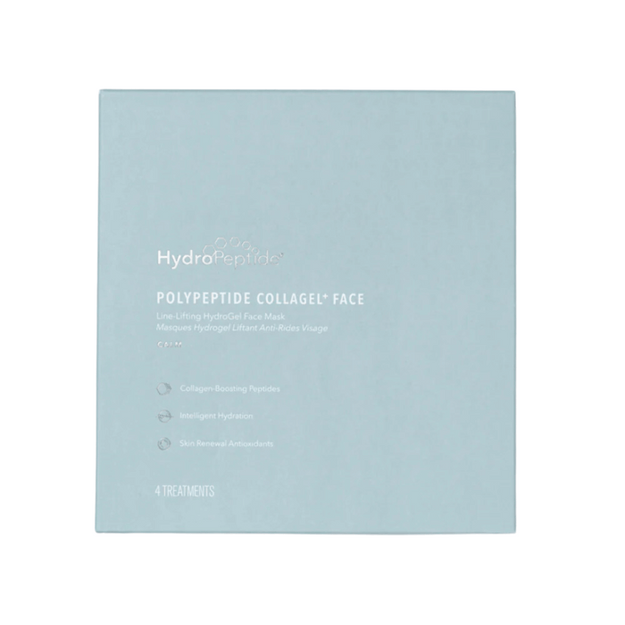 Blue packaging of PolyPeptide Collagel+ Face Mask | HydroPeptide showing collagen-boosting peptides, intelligent hydration, and skin renewal antioxidants for skincare treatments.