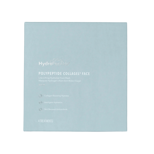 Blue packaging of PolyPeptide Collagel+ Face Mask | HydroPeptide showing collagen-boosting peptides, intelligent hydration, and skin renewal antioxidants for skincare treatments.