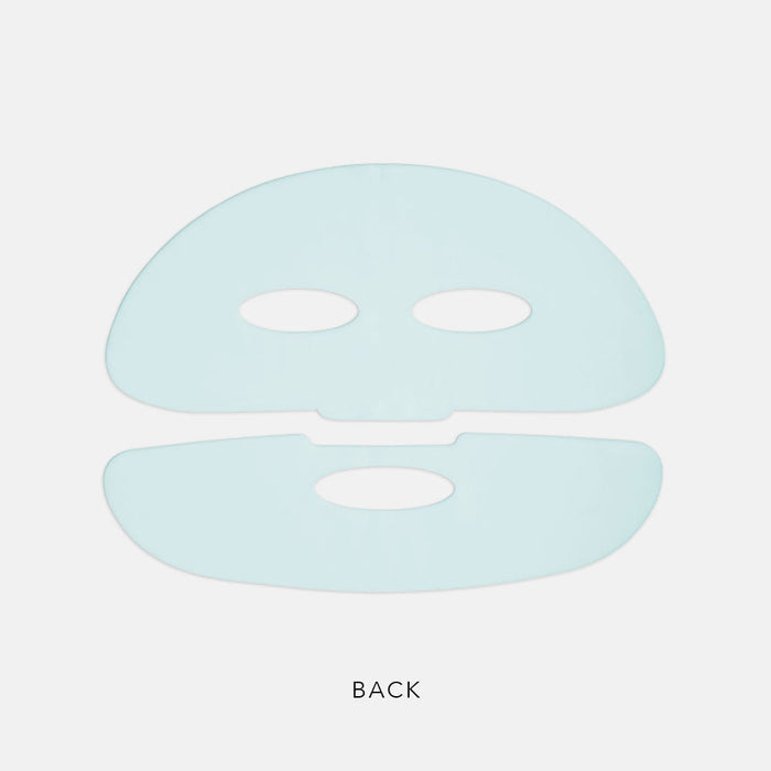 Back view of a light blue face mask sheet designed for skincare, showing cutouts for eyes and mouth, part of the PolyPeptide Collagel+ Face Mask | HydroPeptide collection.