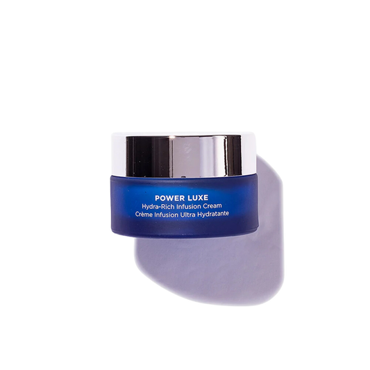 Power Luxe | HydroPeptide hydra-rich infusion cream in a blue jar with silver lid, designed for skincare and hydration in body care routines.