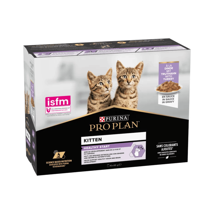 White background with a side view of white and black box of Purina Pro Plan Kitten Healthy Start. Pictured on the box is an adult silver tabby cat.