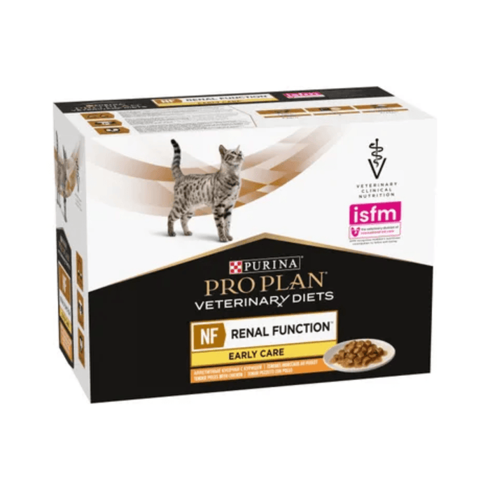 White background with a side view of white and black box of Purina Pro Plan Veterinary Diets NF Renal Function Early Care. Pictured on the box is an adult silver tabby cat.