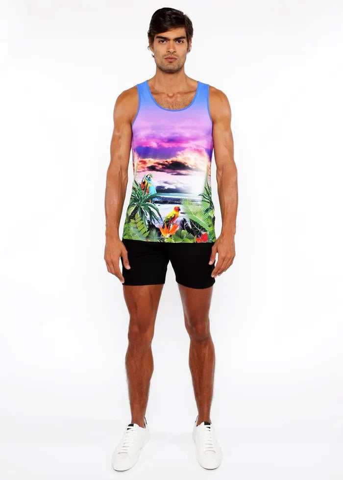 Purple/Fuchsia Tropics Printed Stretch Mesh Tank Top St-11134