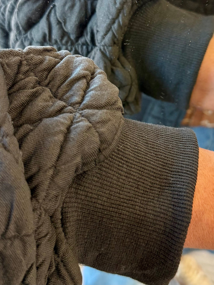 Quilted bomber sleeve detail with ribbed elastic cuff in dark fabric