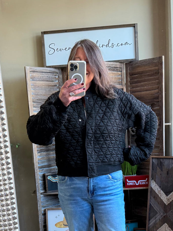 Quilted snap-front bomber jacket, dark black, diamond quilting with snap button placket