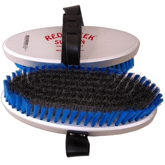 A product picture of the Red Creek Coarse Curled Steel/Blue Nylon Large Oval Hand Brush
