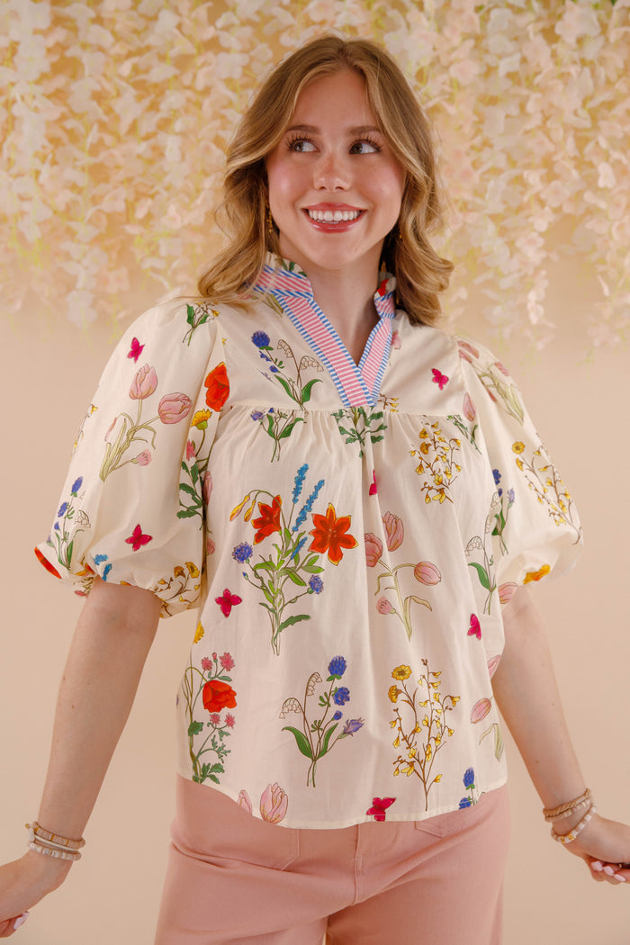 THML Floral Puff Sleeve Cotton Blouse- Women's Printed Cotton Top