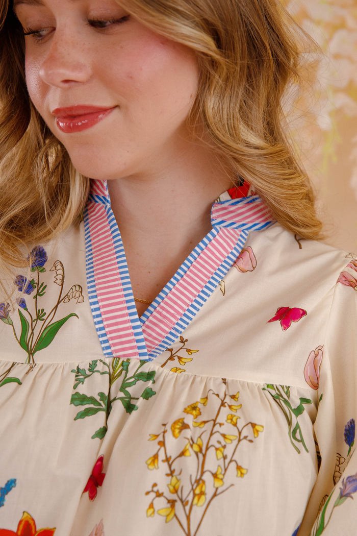 THML Floral Puff Sleeve Cotton Blouse- Women's Printed Cotton Top