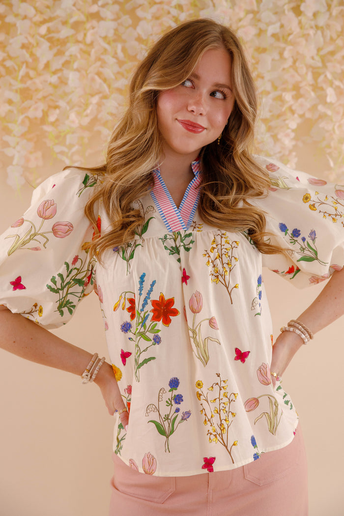 THML Floral Puff Sleeve Cotton Blouse- Women's Printed Cotton Top