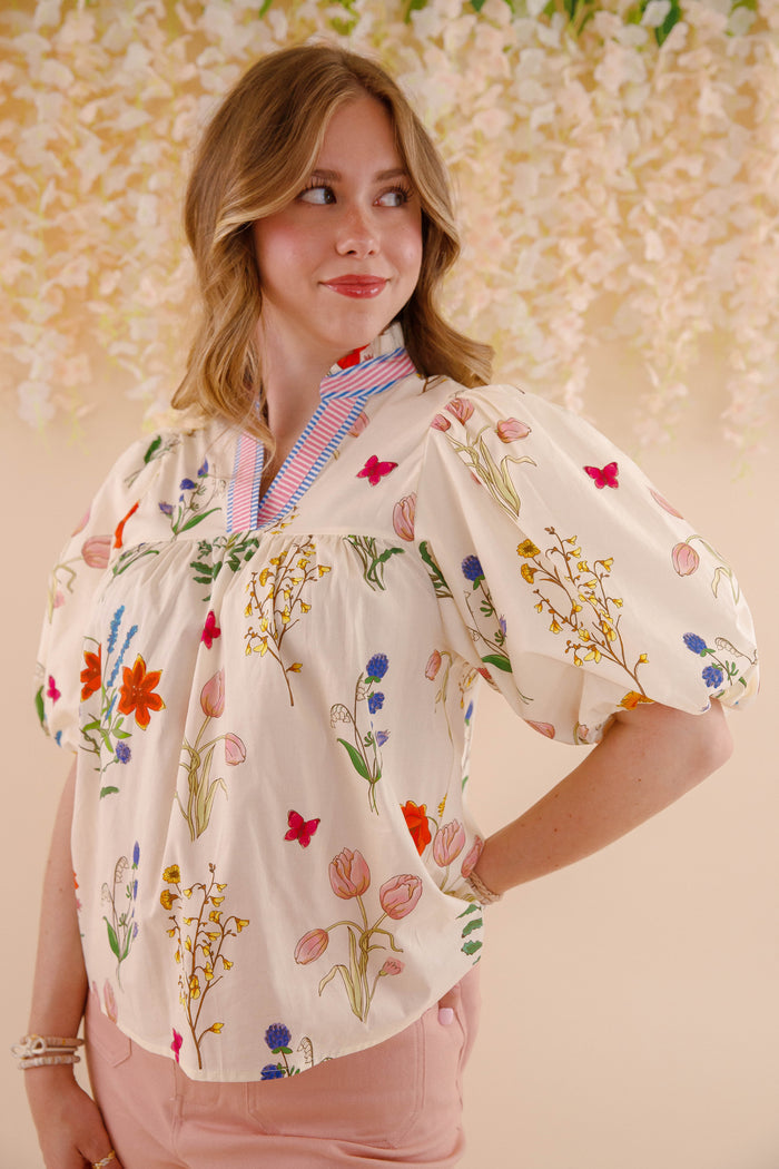 THML Floral Puff Sleeve Cotton Blouse- Women's Printed Cotton Top