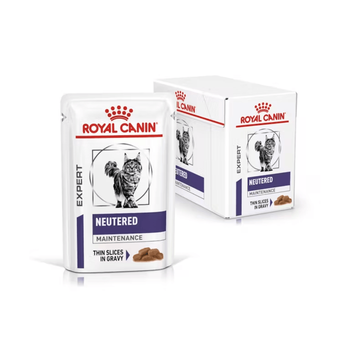 White background with a box of wet cat food pouches with an long haired tabby cat pictured on the box, text on the box says 'Royal Canin Expert, Neutered Maintenance, Thin slices in gravy' In the foreground is a pouch with the same text and style as the box.