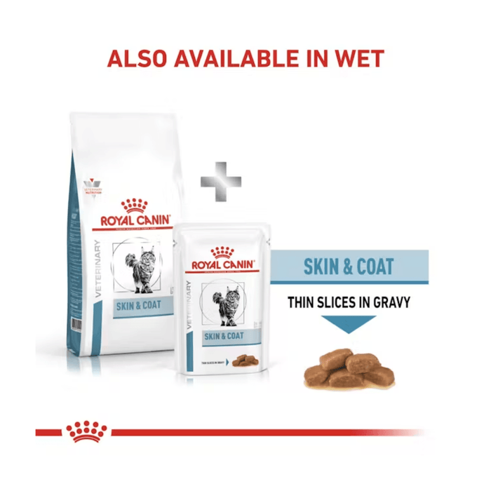 A bag of Royal Canin Skin & Coat dry food is pictured next to a sachet of Royal Canin Skin & Coat wet food. Text above states 'Also available in Wet'.