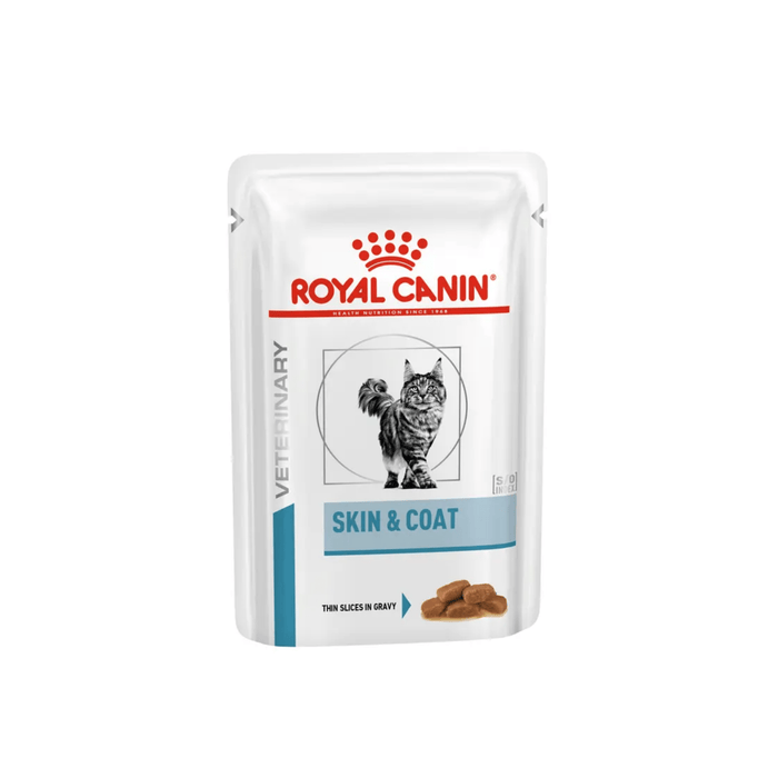 White background with a pouch of wet cat food with an long haired tabby cat pictured on the packet, text on the pouch says 'Royal Canin Veterinary, Skin & Coat, Thin slices in gravy.'