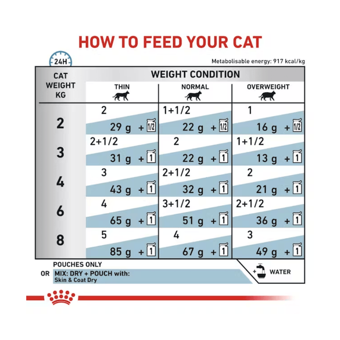 Royal Canin Feline Skin & Coat wet food feeding guide.