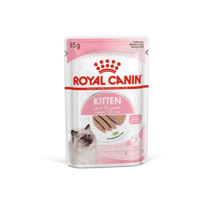 White background with a sachet of Royal Canin Kitten chunks in loaf. Pictured on the packet is a Ragdoll kitten, text on the tin states 'Up to 12 months'.