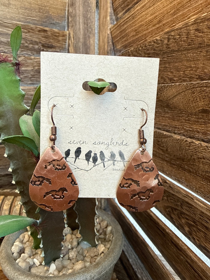 Copper teardrop earrings with running horse silhouettes, copper hook backs