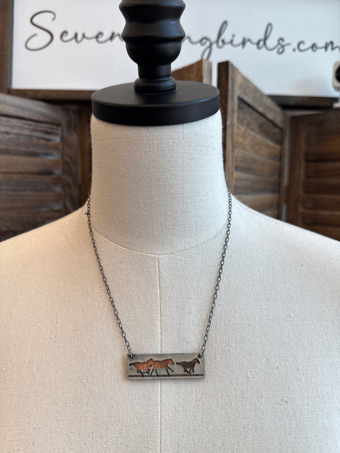 Running horses pendant necklace with pewter bar and copper horse silhouettes