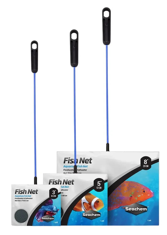 Seachem 8-inch fish net with blue handle and black netting