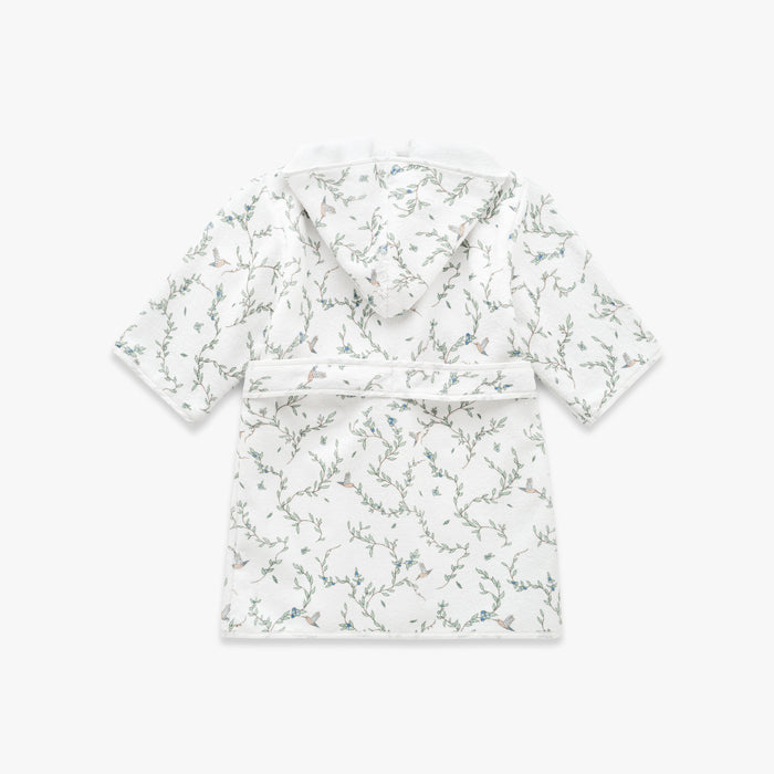 Floral-patterned hooded children's bathrobe on a white background