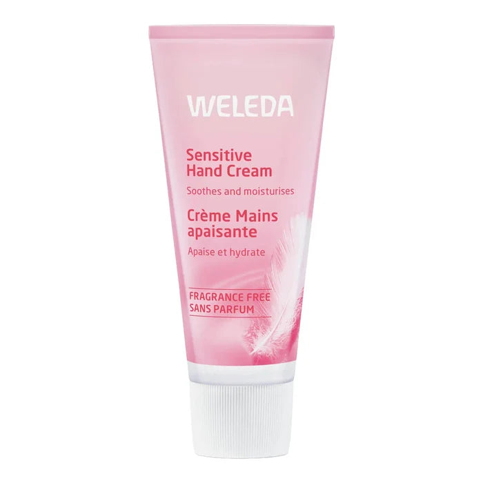 50ml Weleda sensitive hand cream tube on a white background