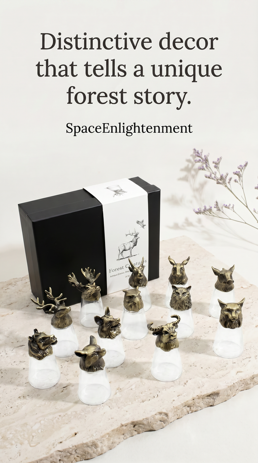 Set of 12 Decorative Shot Glasses with Antique Bronze Forest Animals Mystical, Collectible.