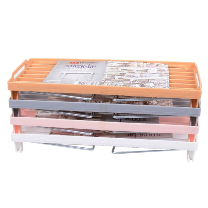 Set Of 3 Stack Up Shelf Space Saver Plastic Racks With Foldable Legs For Kitchen