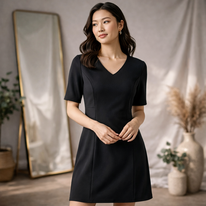 Black v-neck siena extended dress with short sleeves and tailored fit perfect for workwear uniforms