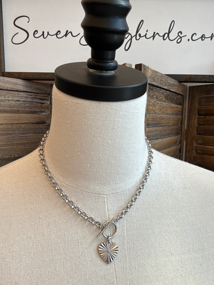 Silver chunky chain necklace with heart pendant and toggle clasp