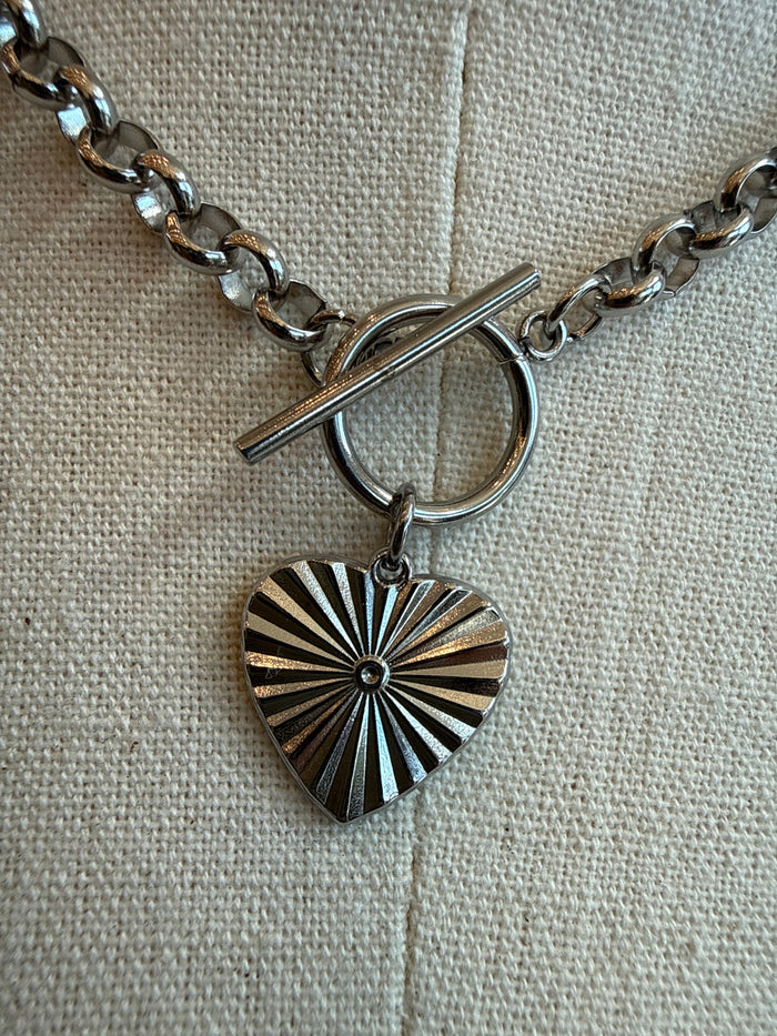 Silver chunky chain necklace with heart pendant and crossbar toggle clasp