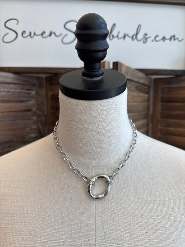 Silver chunky circle-link chain necklace with circular ring pendant