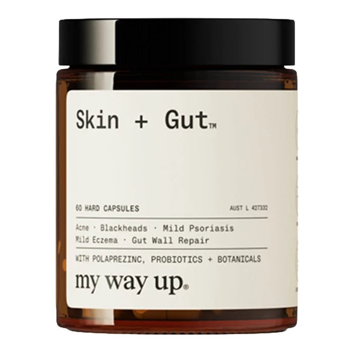 Jar of 'Skin + Gut' capsules by my way up on a white background