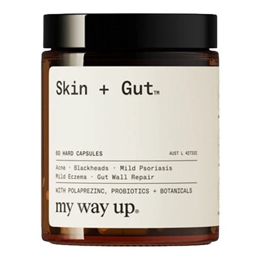 Jar of 'Skin + Gut' capsules by my way up on a white background