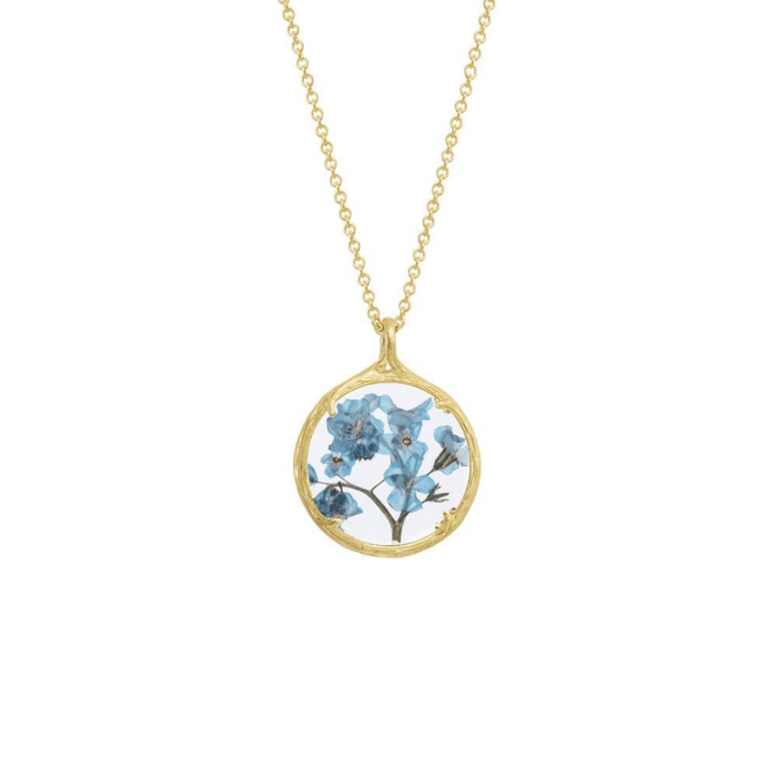 Small Botanical Necklace | Catherine Weitzman Jewelry featuring delicate blue pressed flowers encased in a round gold pendant on a fine gold chain, elegant and nature-inspired.