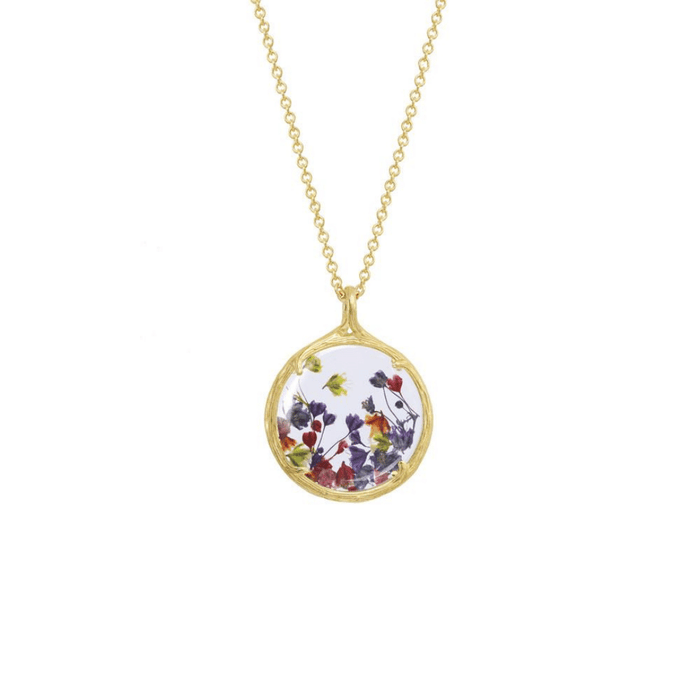 Small Botanical Necklace | Catherine Weitzman Jewelry featuring delicate, colorful pressed flowers encased in a round gold pendant on a fine gold chain.