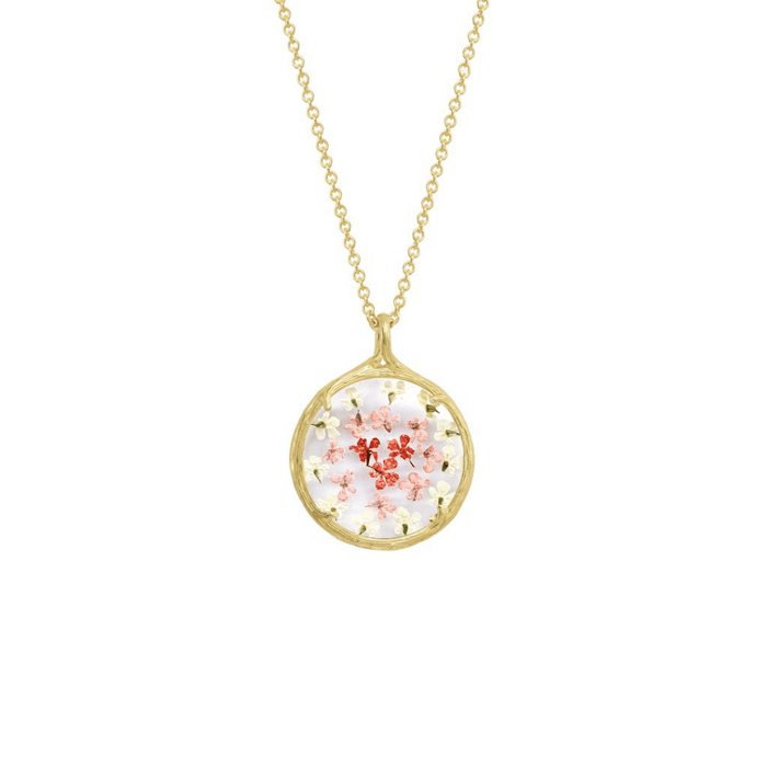 Small Ombre Botanical Necklace | Catherine Weitzman Jewelry features delicate pink and white flowers preserved in a round gold pendant on a fine gold chain.