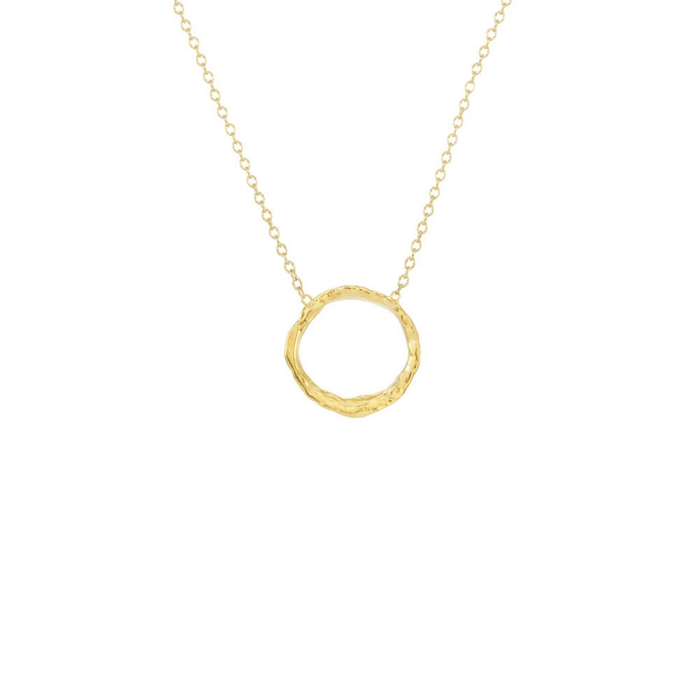 Small gold circle pendant with a textured finish on a delicate chain, featuring the Small Opihi Circle Necklace | Catherine Weitzman Jewelry.
