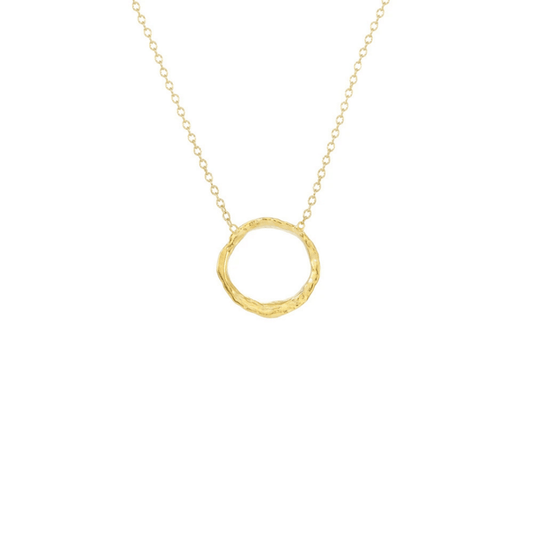 Small gold circle pendant with a textured finish on a delicate chain, featuring the Small Opihi Circle Necklace | Catherine Weitzman Jewelry.