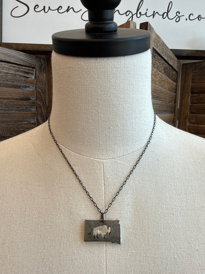 South Dakota buffalo pewter necklace with rectangular pendant on chain
