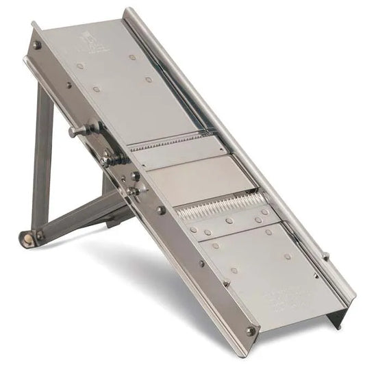 A stainless steel mandoline slicer with a 38 blade configuration, adjustable for julienne, flat and ruffle cuts. It is placed on a white background.