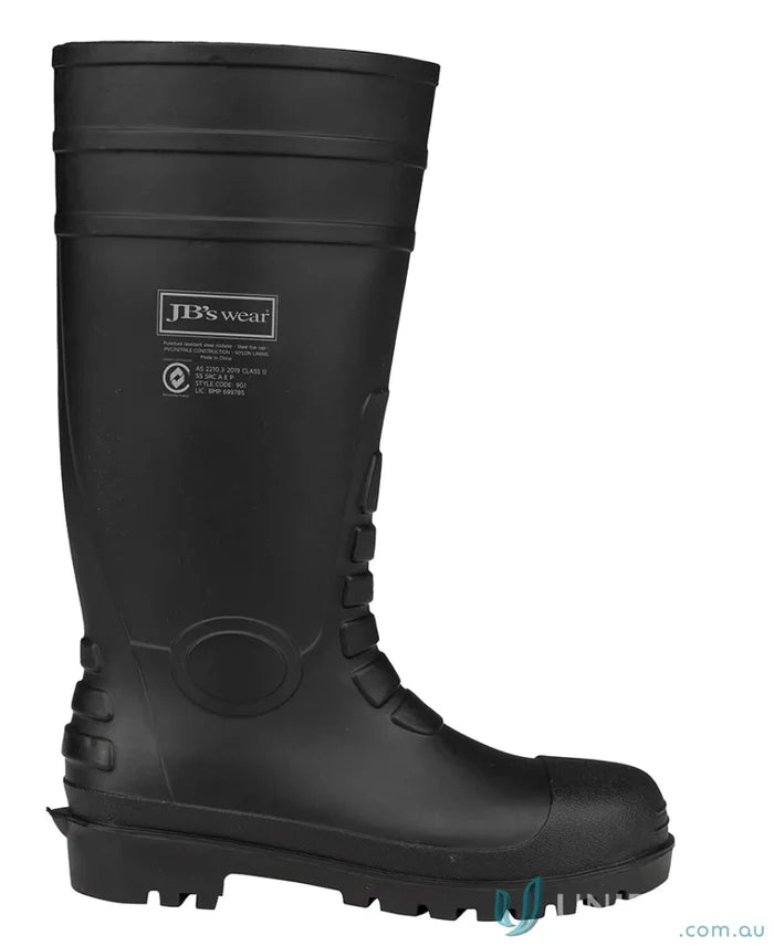 Black rubber work boot with steel toe cap and food grade safety for a safety gumboot